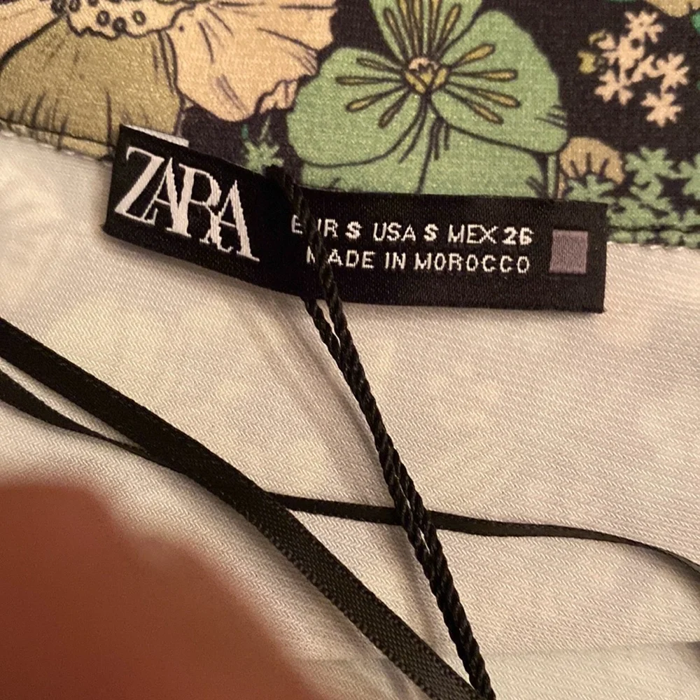 ZARA Floral Print Mini Shirt Dress S Green White Long Sleeve V-Neck Retro - Picture 8 of 12